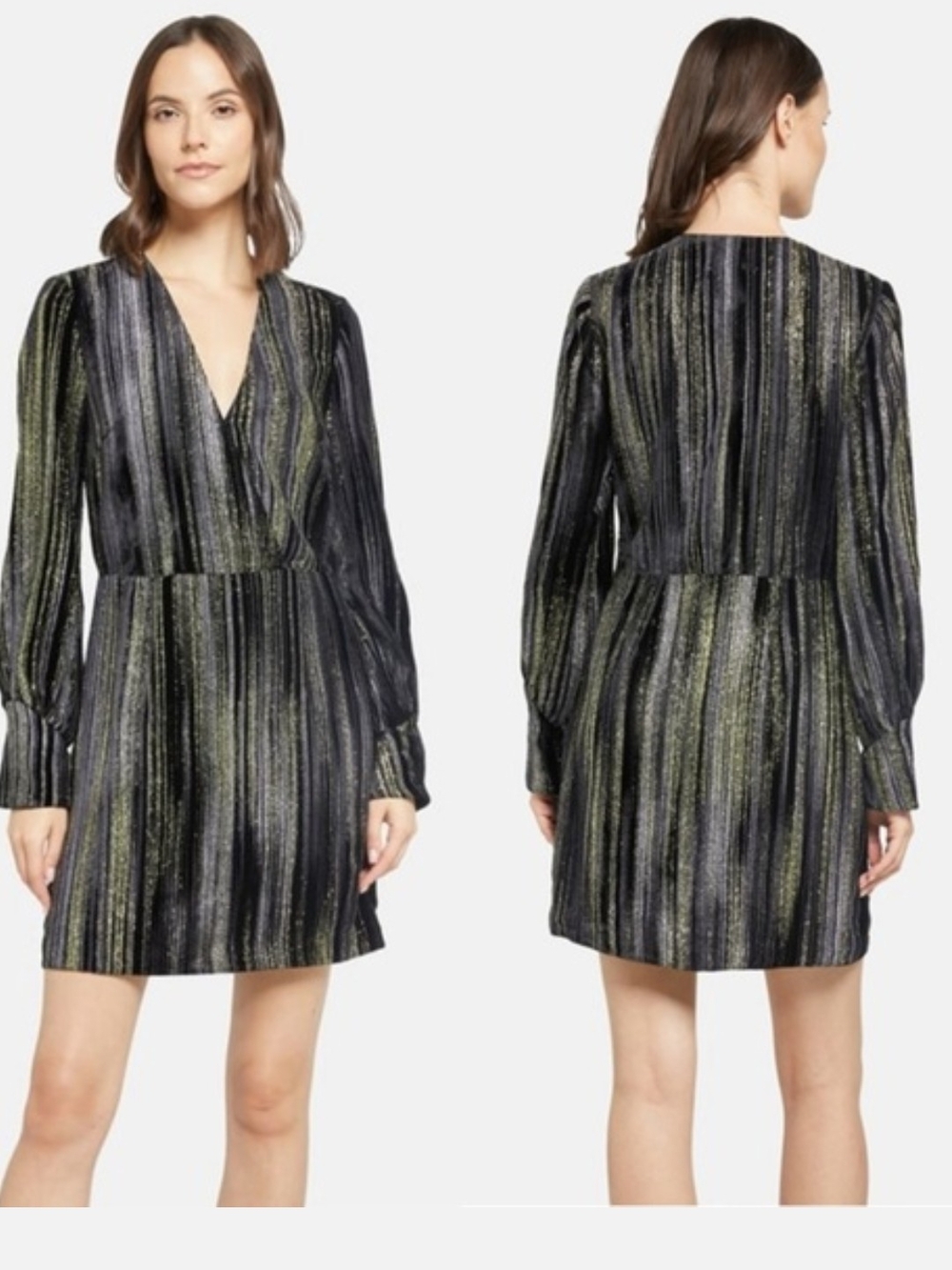 Zadig & Voltaire Black and Olive Metallic-Striped Long-Sleeve Wrap Dress